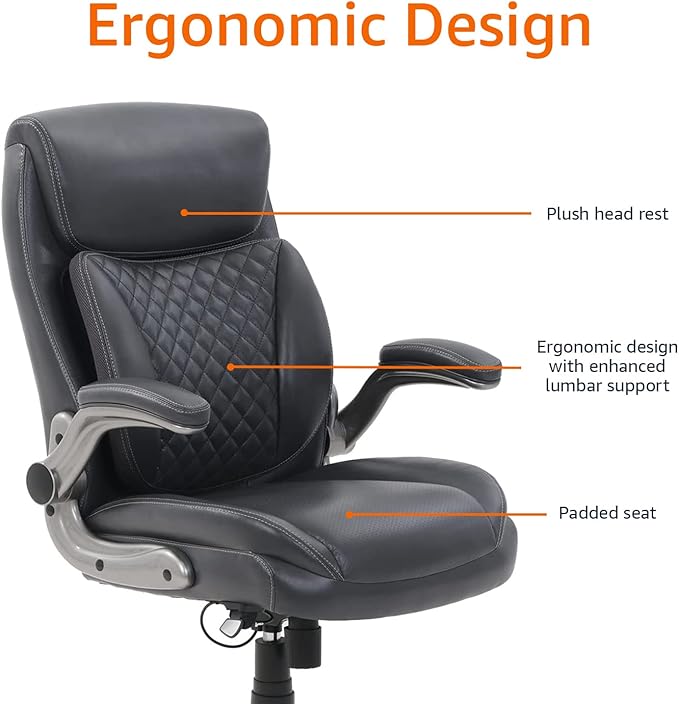 Amazon Basics Ergonomic Executive Office Desk Chair with Lumbar Support, Flip-up Armrests, Adjustable Height, Grey Leather-DeskLoop Office