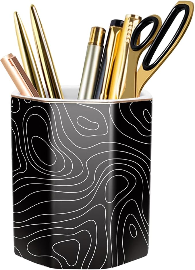 Black Pen Holder, Pencil Cup for Desk, Cute Desk Organizer, Durable Ceramic by WAVEYU