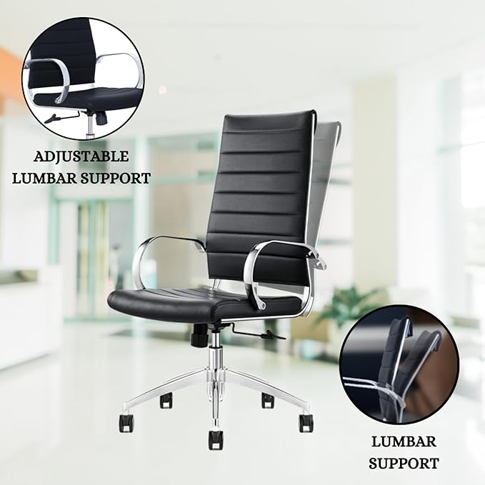Ribbed Desk Chair - Lumbar Support, Modern Style Executive Chair for Home and Office - 360 Swivel Rolling Wheels - Aluminum Chrome Frame & Base (Black & Chrome High Back, Pack of 25)-DeskLoop Office