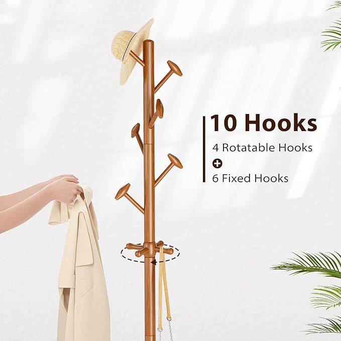 Solid Wood Coat Rack Freestanding Coat Tree with 10 Hooks for Bedroom, Livingroom, Entryway, Sturdy Coat Hanger Stand for Hats, Coats, Scarves, Handbags, Purses-DeskLoop Office