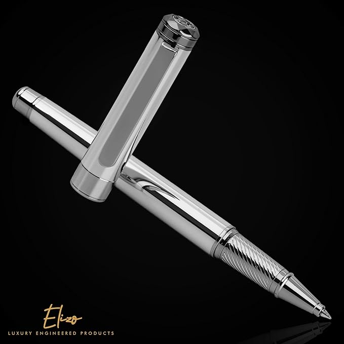 ELIZO Luxury Pen Fancy Chrome Silver Nice Gift Rollerball Cool Pens Best Schmidt Ink EDC Pen Executive Smooth Writing Pens for Men Women-DeskLoop Office