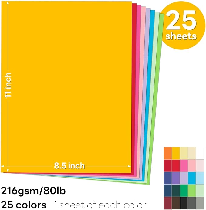 Colored Card Stock 8.5 x 11 Assorted, Goefun Colored Cardstock 25 Colors, 80lb Colorful Printer Paper, Multicolor Construction Paper for Crafts & Scrapbooking-DeskLoop Office