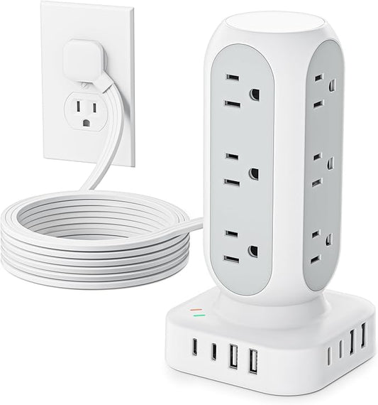 Tower Power Strip with Surge Protection, Flat Plug Outlet Extender with 12 AC Outlets & 8 USB Ports, 5 FT Extension Cord with Multiple Outlets, 24W Total Charging Station for Home Office Dorm Room-DeskLoop Office