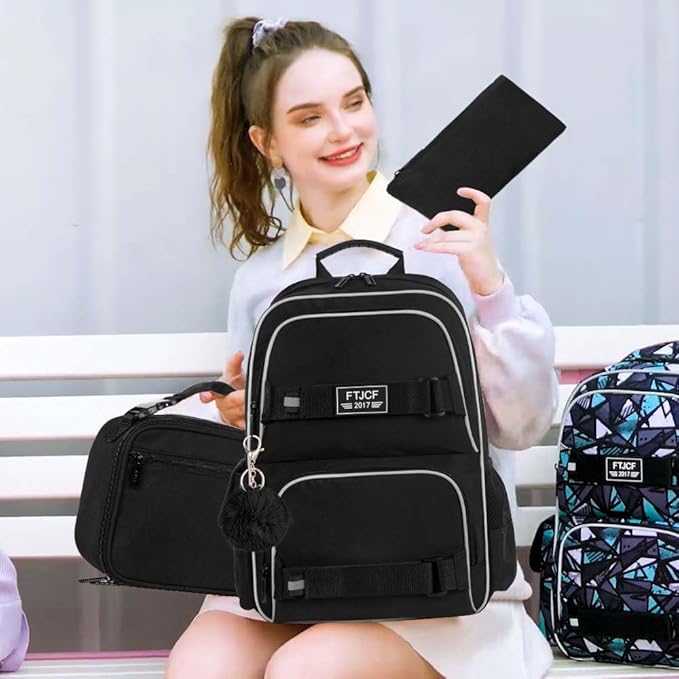 3PCS School Backpack for Girls and Boys, 17" Water Resistant Laptop Backpacks with Lunch Box, Cute Black Bookbag Set for Women Men College Teenagers High Middle Elementary School