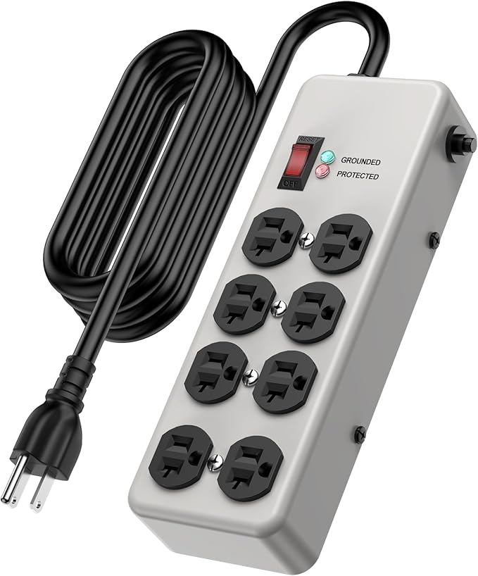 HEZI 20A Power Strip Surge Protector Durable Metal 8-Outlet with Heavy Duty 20 Amp Extension Cord,12 Gauge for Garage,Workshop & Industrial Use with 6-20R T-Slot Outlets,4800J(Grey,10FT)-DeskLoop Office