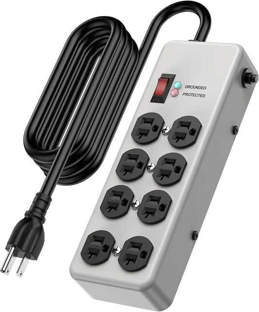 HEZI 20A Power Strip Surge Protector Durable Metal 8-Outlet with Heavy Duty 20 Amp Extension Cord,12 Gauge for Garage,Workshop & Industrial Use with 6-20R T-Slot Outlets,4800J(Grey,6FT)-DeskLoop Office
