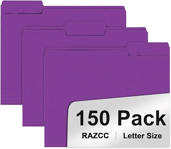 File Folder, RAZCC 150 Pack 1/3 Cut Tab File Folders Letter Size, Folders by RAZCC