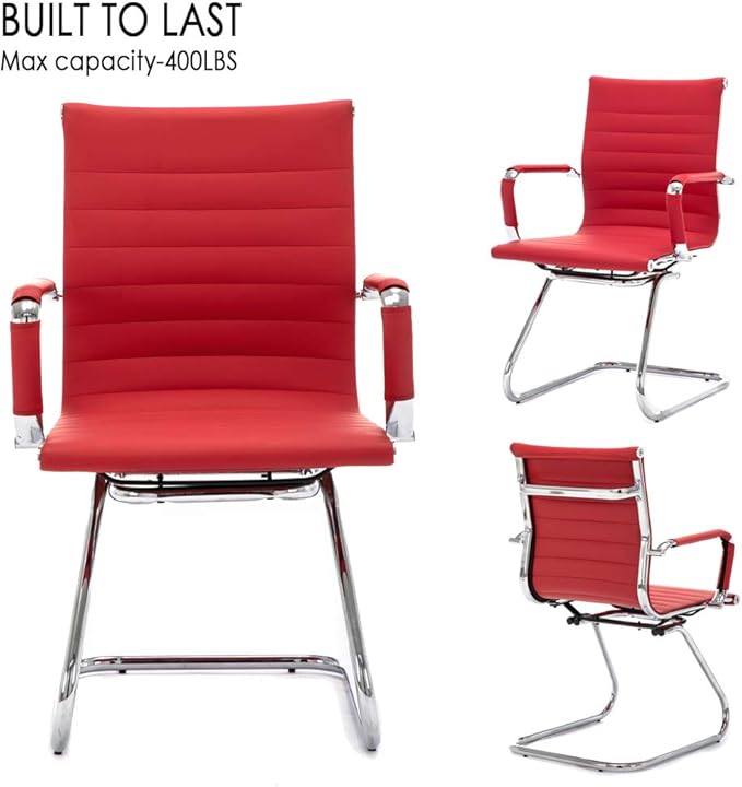 No Wheels Reception Chairs Waiting Room Chair Leather Conference Chairs Back Support Heavy Duty Office Chair with Arm, Set of 2 (Deep Red)-DeskLoop Office