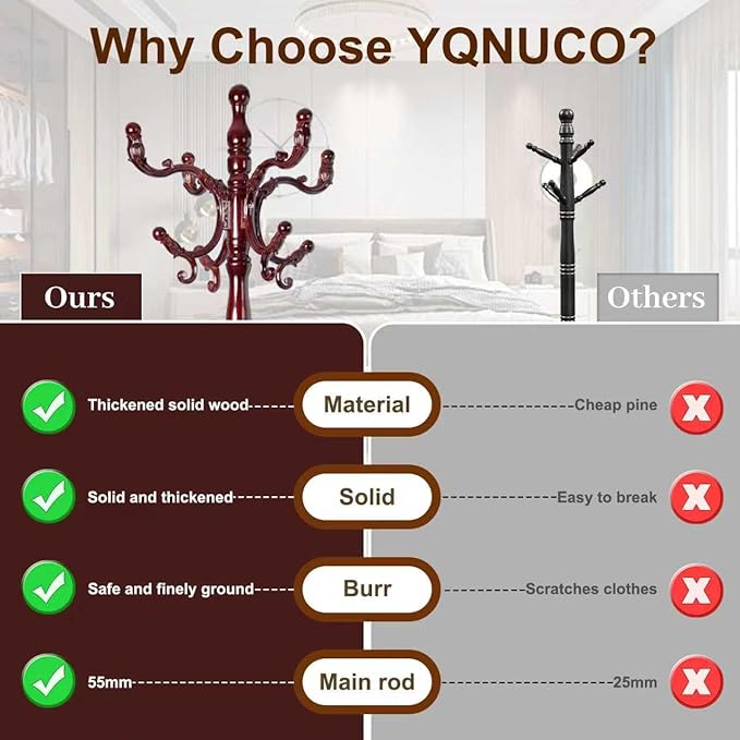 Solid Wood Coat Rack – 73" Freestanding Coat Racks Stand with 14 Hooks & Stable Base, Adjustable Height Modern Wooden Hall Tree for Entryway, Bedroom, Office, Home (Mahogany Triangle)-DeskLoop Office