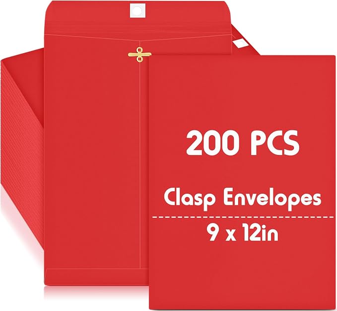 Geyee 200 Pcs Clasp Manilla Envelopes 9 x 12 Inch Gummed Colored Envelopes by Geyee