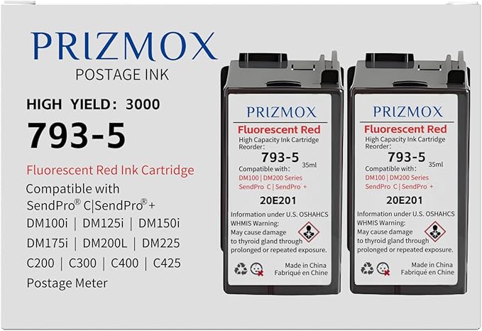 2-Pack 793-5 Red Fluorescent Ink Cartridge Replacement for Pitney Bowes 793-5 Red Ink for Postage Meters DM100i, DM125i, DM150i, DM175i, DM200L, DM225, SendPro 300, C200, C300, C400, C425, 35ml-DeskLoop Office