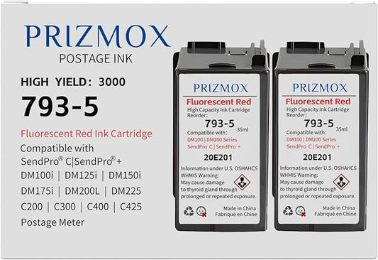 2-Pack 793-5 Red Fluorescent Ink Cartridge Replacement for Pitney Bowes 793-5 Red Ink for Postage Meters DM100i, DM125i, DM150i, DM175i, DM200L, DM225, SendPro 300, C200, C300, C400, C425, 35ml-DeskLoop Office