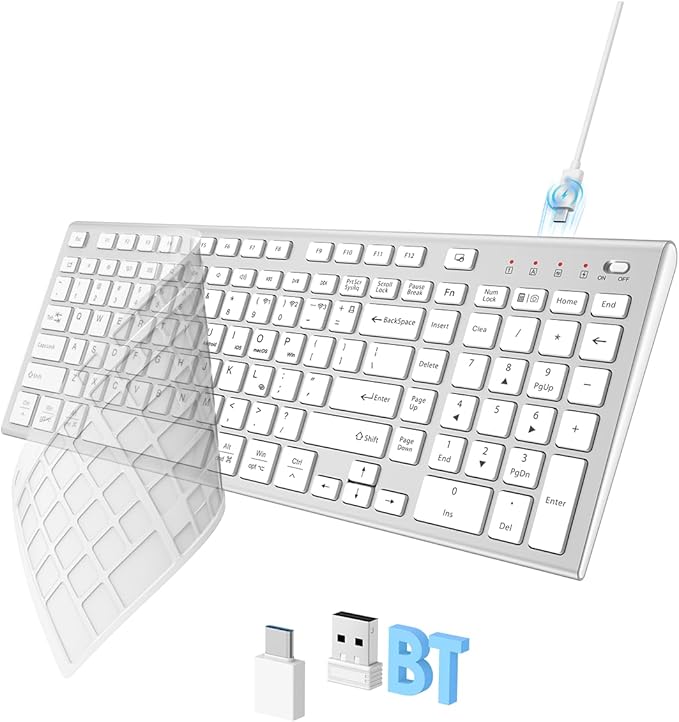 FENIFOX Wireless Keyboard, Bluetooth + USB Ergonomic Silent Quiet Rechargeable with Number Pad Compact Full Size Multi Device Keyboards for iPad Tablet Mac Computer Surface PC MacBook Laptop Silver-DeskLoop Office