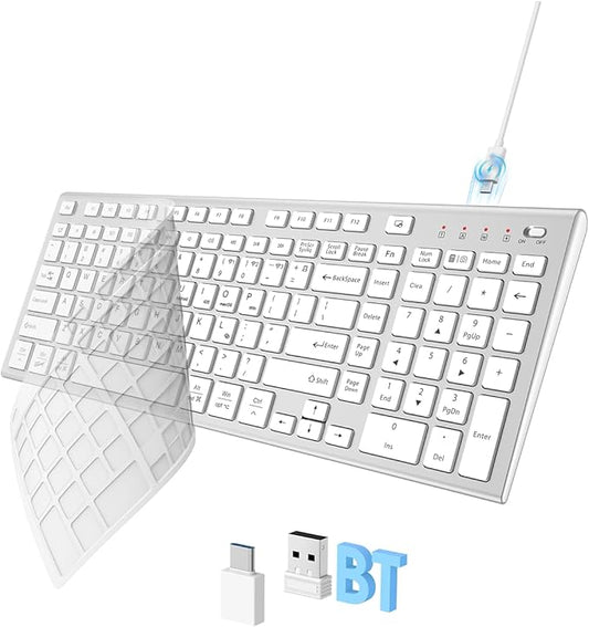 FENIFOX Wireless Keyboard, Bluetooth + USB Ergonomic Silent Quiet Rechargeable with Number Pad Compact Full Size Multi Device Keyboards for iPad Tablet Mac Computer Surface PC MacBook Laptop Silver-DeskLoop Office