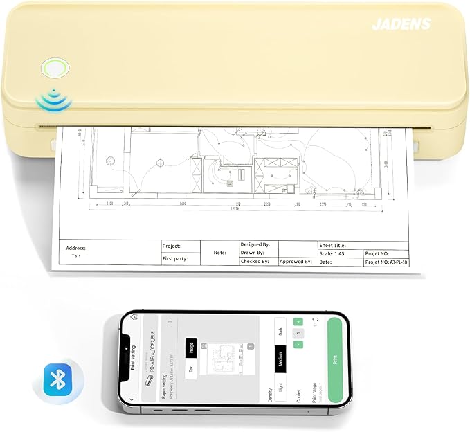 JADENS Portable Printers Wireless for Travel, Thermal Inkless Printer, Support 8.5" X 11" Thermal Paper(Yellow)-DeskLoop Office