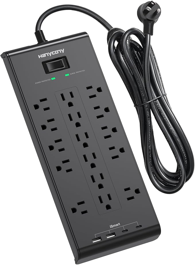 Extension Cord 15 Ft, HANYCONY Power Strip with 16 Oultets 4 USB Ports(2 USB C), 2700 Joules Heay Duty Surge Protector, Flat Plug, Wall Mount for Home Office, ETL Listed, Black-DeskLoop Office
