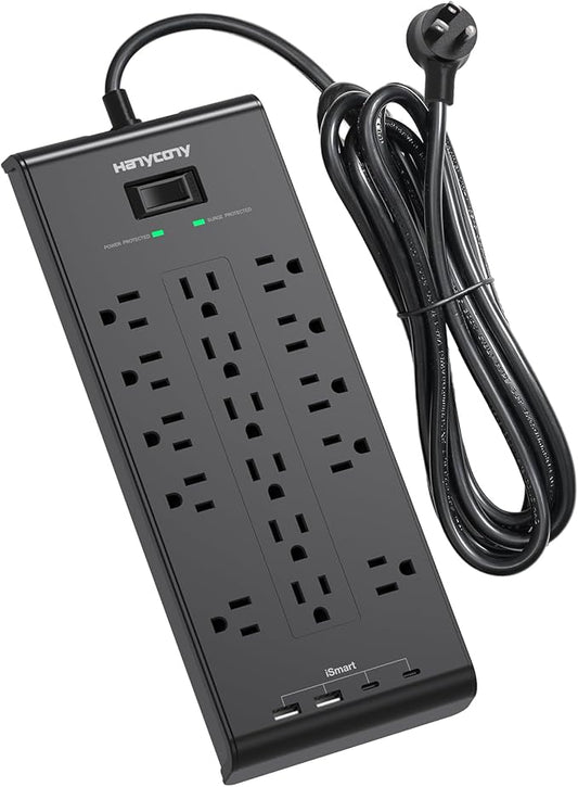 Extension Cord 15 Ft, HANYCONY Power Strip with 16 Oultets 4 USB Ports(2 USB C), 2700 Joules Heay Duty Surge Protector, Flat Plug, Wall Mount for Home Office, ETL Listed, Black-DeskLoop Office