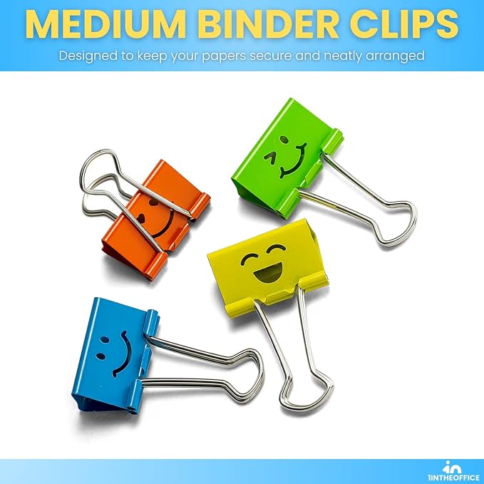 1InTheOffice Medium Cute Colored Smiley Face Binder Clips - Image 3