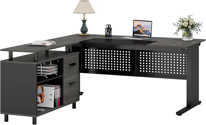 Tribesigns 63 Inch Executive Desk with File Cabinet, Large Office Desk L Shaped Computer Desk with Drawers and Storage Shelves, Business Furniture Desk Workstation for Home Office, Gray and Black-DeskLoop Office