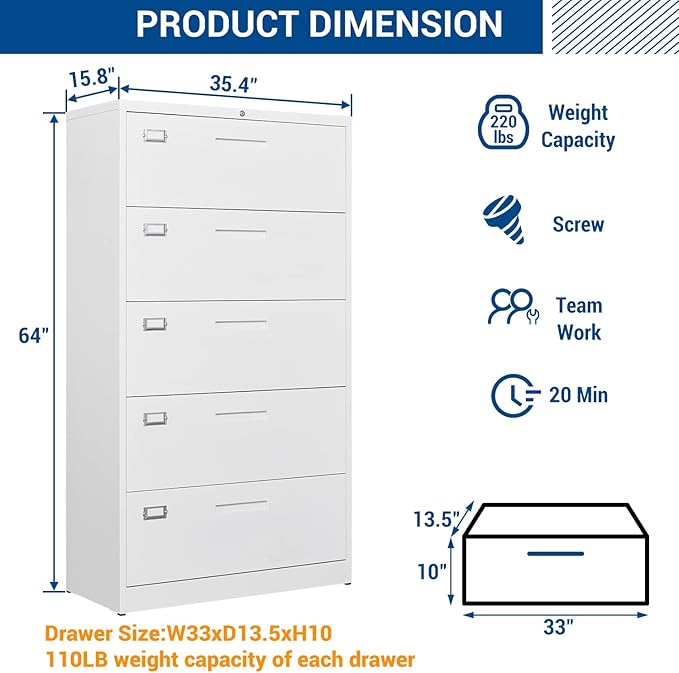 Lateral File Cabinet with 5 Drawers - White Metal Steel Filling Cabinets for Home Office - Lockable Storage Cabinet for Hanging Files Letter/Legal/F4/A4 Size-Assembly Required