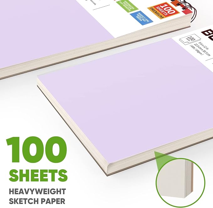 Soucolor 9" x 12" Aesthetic Sketch Book, 1-Pack 100 Sheets School Supplies Cute Sketchbook for Women, Japanese Stationary Sketching Supplies for Kids Teen Girl Gifts Birthday Gifts, Pastel Purple-DeskLoop Office