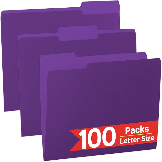 100 Packs Purple File Folder, 1/3-Cut Tabs, Manilla File Folders Letter Size by OfficeSuppliesDirect