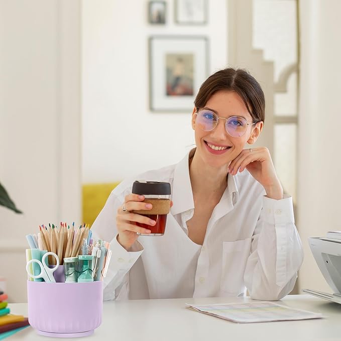 SKYDUE 360 Degree Rotating Desk Organizer, Dual-Purpose Pencil Pen Holder for Desktop, Rotating Desk Pen Organizer with 5 Slots Purple-DeskLoop Office