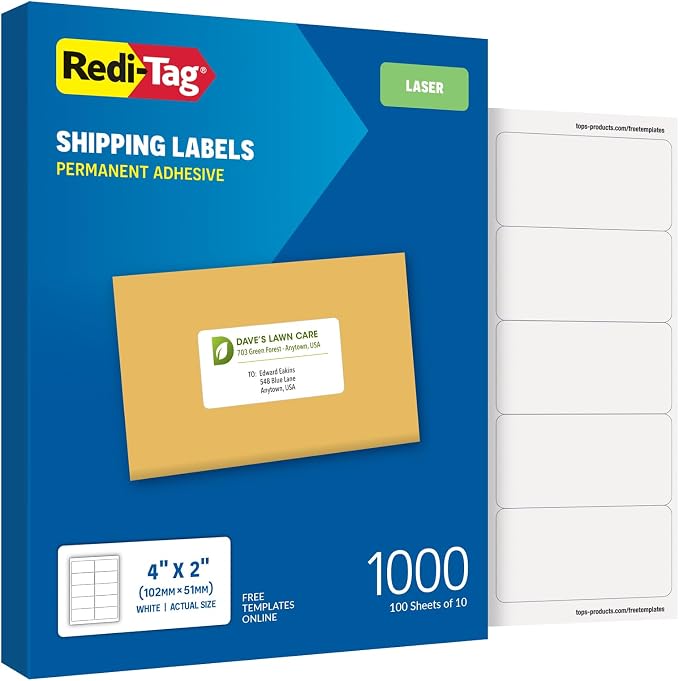 Redi-Tag 2" x 4" Shipping Labels, 1000 per Pack, Laser Printer Labels, by Redi-Tag