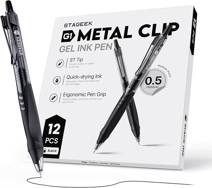 12 Pack Black Gel Pens, Quick Dry Black Ink Pens, 0.5mm Fine Point Retractable Smooth Writing Pens for Journaling, Writing, Business Gel Pen for Office School & Home Supplies(Black)-DeskLoop Office