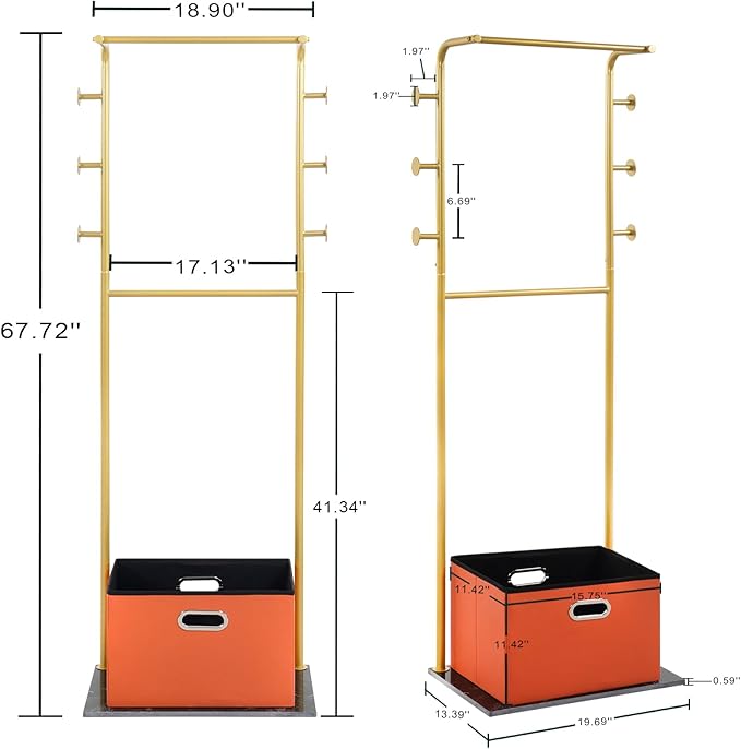 Heavy Duty Coat Rack with Storage Basket Metal Hanging Clothes Rack with Marble Base Modern Standing Clothing Rack for Entryway Bedroom Living Room Hotel 19.69 x 13.39 x 67.72 Inches (Gold)-DeskLoop Office