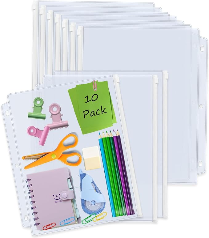 Binditek 10 Pack Plastic Zippered Binder Pockets, 3-Hole Punched by Binditek