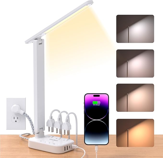 Power Strip with LED Desk Lamp, 3 Outlets 4 USB Ports(2 USBC) 4 Modes 5 Level Touch Lamp Small Desk Lamp for Home Office Bedroom Bedside, Study Reading Light, 5ft Extension Cord, Dorm Room Essentials-DeskLoop Office
