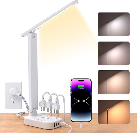 Power Strip with LED Desk Lamp, 3 Outlets 4 USB Ports(2 USBC) 4 Modes 5 Level Touch Lamp Small Desk Lamp for Home Office Bedroom Bedside, Study Reading Light, 5ft Extension Cord, Dorm Room Essentials-DeskLoop Office