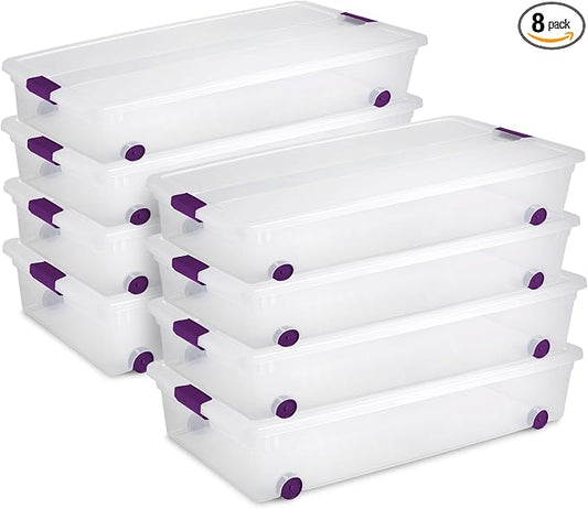 Sterilite 8-Pack 60 Quart ClearView Latch Box, Wheeled Underbed Organizer Bins by Sterilite
