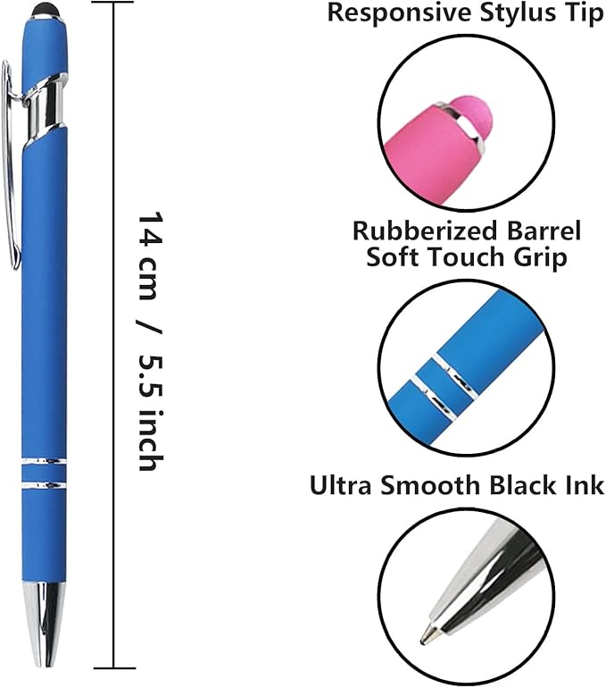 Ballpoint Pen with Stylus Tip, Soft Touch Click Metal Pen, 1.0mm Medium Point, Black Ink, 12 Count(Blue)-DeskLoop Office