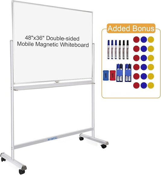 H-Qprobd Rolling Whiteboard with Stand 48"x36" Double-Sided Mobile Magnetic Dry Erase Board on Wheels for Home, Office & School-DeskLoop Office