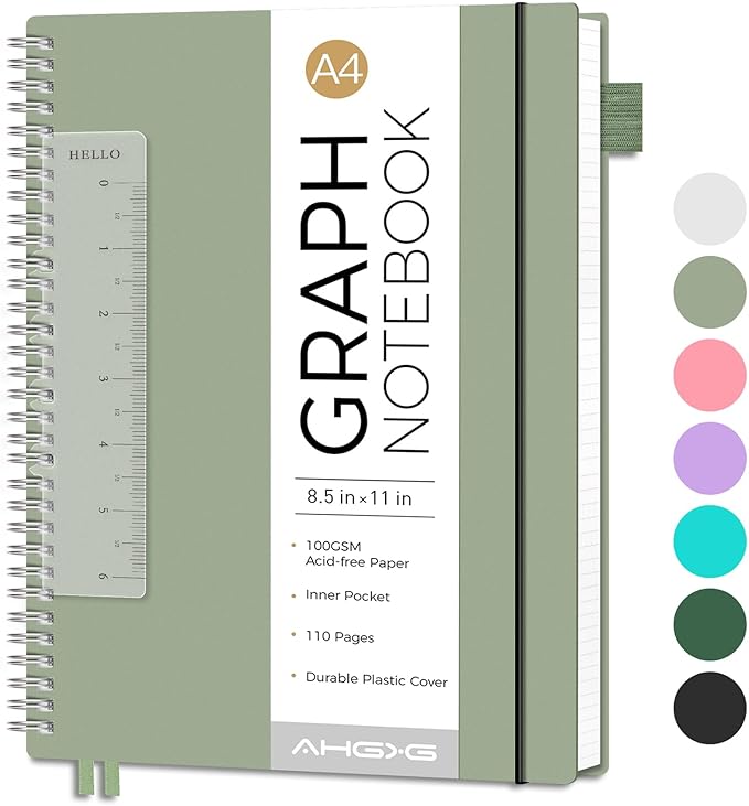 AHGXG Graph Paper Notebook - Spiral Notebook 8.5" x 11", A4 Large Graph Notebook, 100 gsm Thick Grid Paper, Waterproof Plastic Cover Journals for School Writing Engineering Math, Sage Green-DeskLoop Office