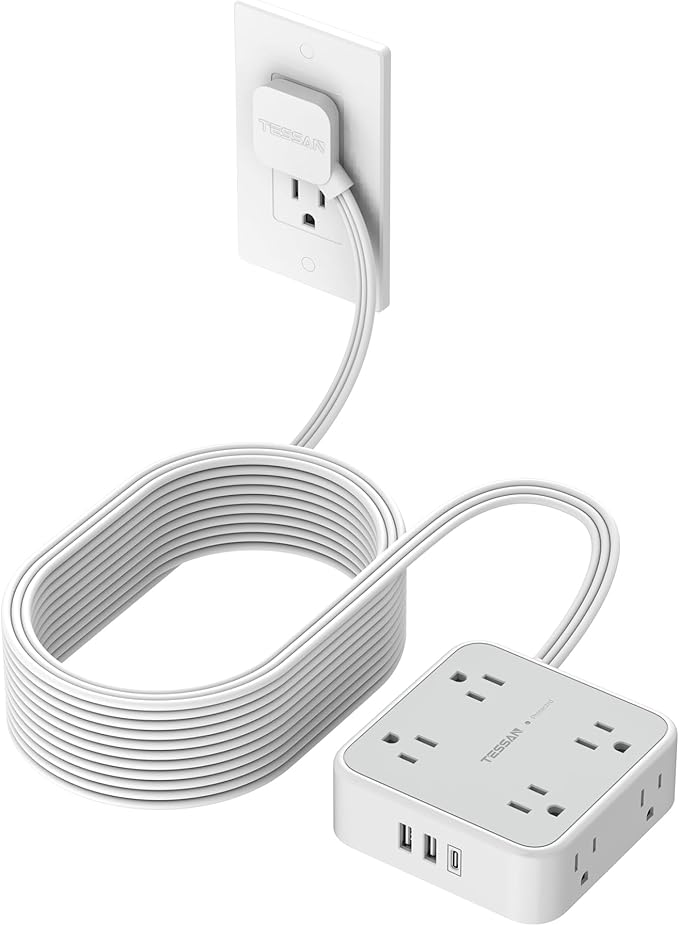 Flat Plug Long Extension Cord 25 Ft, TESSAN Power Strip Surge Protector with 8 Outlets 3 USB Ports (1 USB C), 900J Protection Desktop Charging Station for Home, Office, Dorm Room Essentials-DeskLoop Office
