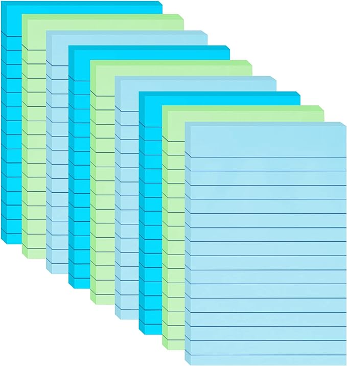 9 Pack Lined Sticky Notes with Lines 4X6 in Post, Aquatic Themed Colors Large by HQCME