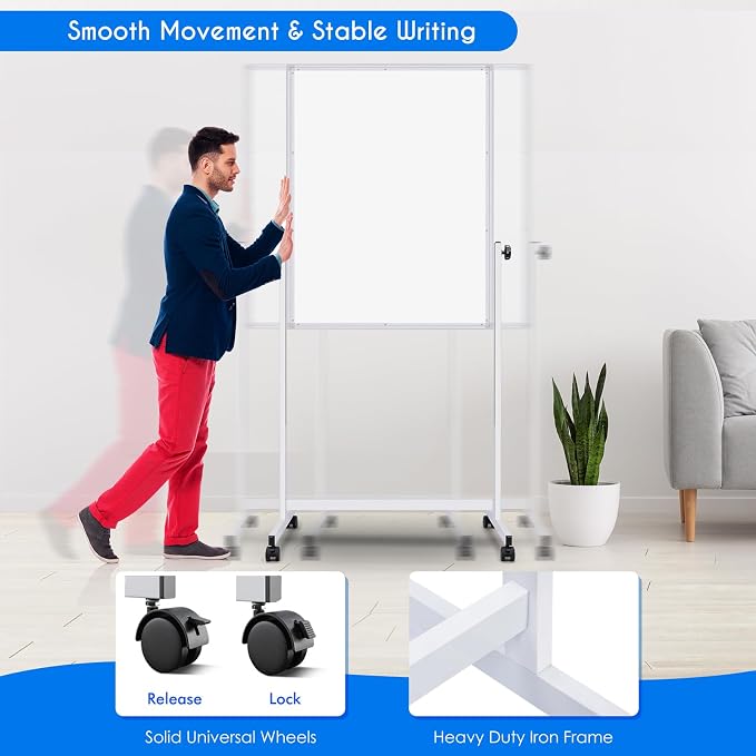 maxtek Rolling White Board, 44 x 28 Height Adjustable Whiteboard on Wheels - Image 4