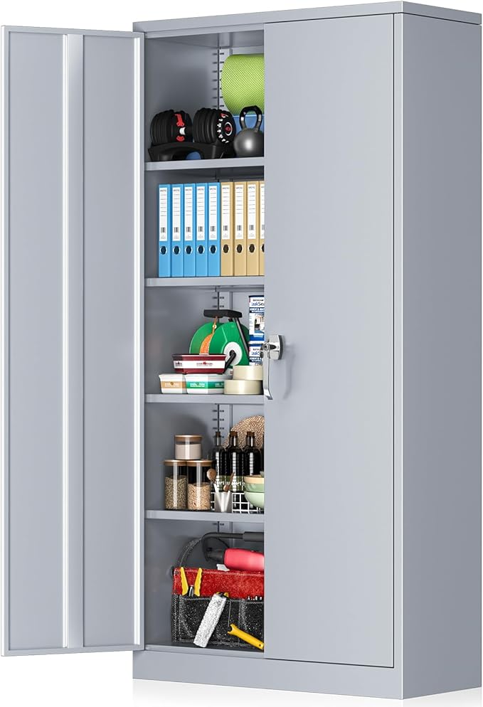 INTERGREAT Garage Storage Cabinets with Doors and Shelves, 72" Steel Tool Locking Cabinet, Metal Storage Cabinet for Home Office, Warehouse, School (Cement Grey)-DeskLoop Office