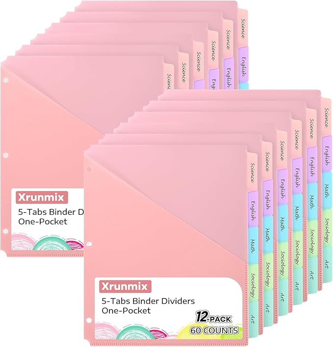 5 Tabs Dividers with Pockets for 3 Ring Binder, Binder Dividers with Tabs for by XrunmixOffice