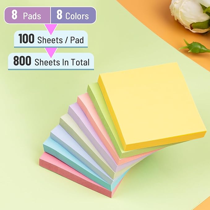 Sticky Notes 3x3 Inches, 8 Pads, 800 Sheets, 8 Color Sticky Note Pads, Premium - Image 2