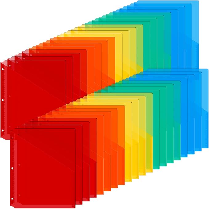 Maitys 50 Pack Binder Pockets 3 Hole Punch Clear Plastic Document Folders by Maitys