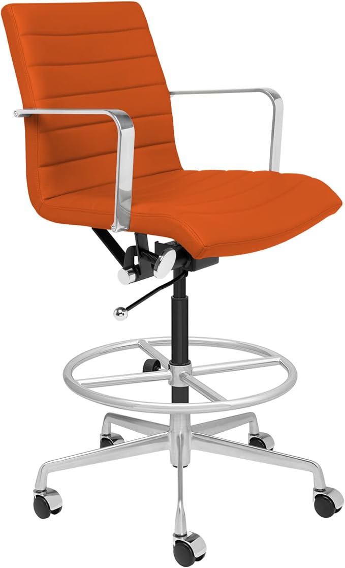 Laura Davidson Furniture SOHO II Ribbed Drafting Chair for Standing Desks, Standing Desk Chair - Ergonomically Designed, Commercial Grade Draft Height, Arm Rest & Cushion, Made of Faux Leather, Orange-DeskLoop Office