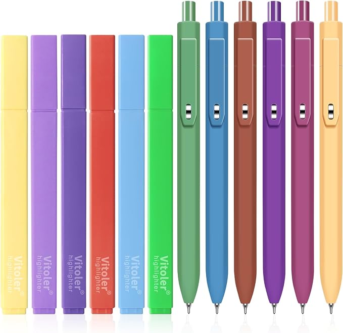 Vitoler Aesthetic Highlighters and 0.5mm Black Gel Pens，12 Pack | Assorted by VITOLER