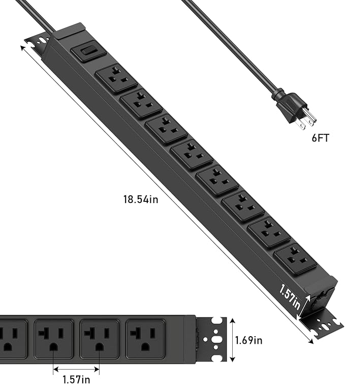 JUNNUJ Heavy Duty Power Strip Wall Mount, 20 Amp Surge Protector 1200J Metal 8 Outlet Under Desk Mounted 20A, Garage Power Table Socket Industrial Outlets 6-20R T-Slot, Black-6FT 12AWG Extension Cord-DeskLoop Office