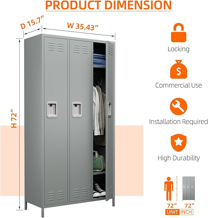 Metal Storage Locker with 3 Doors,Metal Locker for Employees with 9 Hooks for School Garage Office Gym Home,Assembly Required,Light Grey-DeskLoop Office