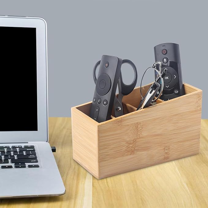 Bamboo Wood Pens Pencils Holder Cup for Desk Remote Control Holder, Caddy,Organizer,Desktop Storage with 4 Compartments,Multiuse for Store TV Remotes,Game Console,Phones,Office Supplies (4 Grid)-DeskLoop Office