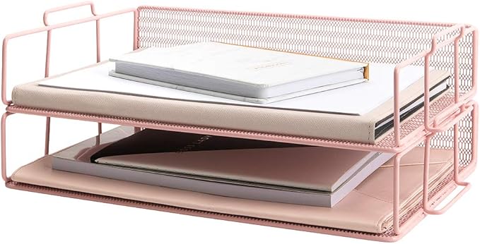 BLU MONACO | Paper Tray Stackable Pink Mesh Set of 2 | Stackable File Trays by Blu_Monaco